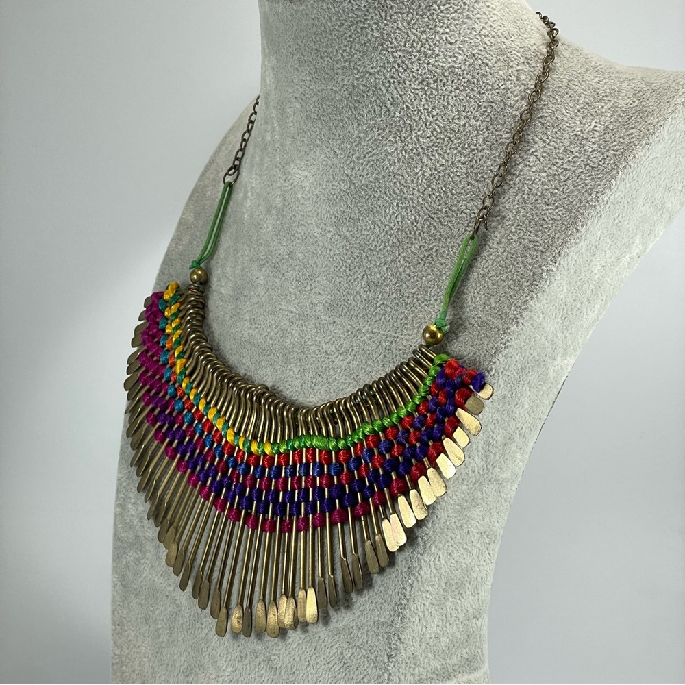 Egyptian Antique Gold Tone Spike Ribbon Statement Choker Necklace Colorful - Picture 3 of 6